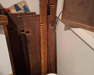 Rustic Dark-Stained Solid Wood Furniture Panels with Notched Joinery, Disassembled Wood Shelving or Furniture Components