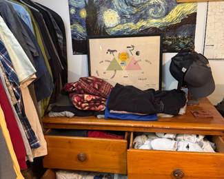 Men’s Clothing Collection with Dress Shirts, Jackets, Sweaters, Levi’s Jeans, Casual Apparel, Wooden Three-Drawer Dresser and Framed Wall Art