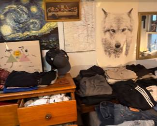 Men’s Levi’s Jeans, Dress Shirts, Casual Pants, Sweaters, Sweatshirts and Clothing Collection with Framed Wall Art, Wolf Tapestry and Decorative Wall Mirror