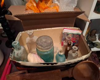 Assorted Antique & Vintage Glass Bottles, Aqua Blue Mason Jar with Zinc Lid, Colored Apothecary Bottles, Decorative Glass Containers, Seashells & Rustic Collectibles