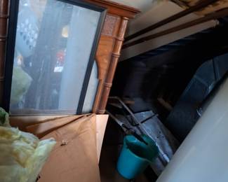 Wooden Cabinet with Turned Column Details, Framed Glass Panel, Assorted Attic Storage Items & Household Miscellaneous