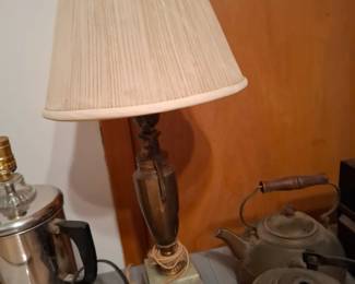 Neoclassical Urn-Form Table Lamp with Bronze-Tone Metal Body, Marble Base, Decorative Brass Accents & Pleated Fabric Shade