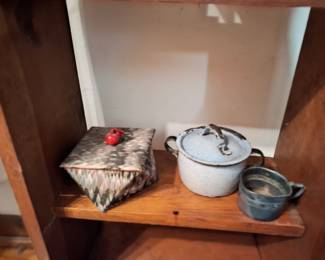 Decorative Fabric-Covered Keepsake Box, Rustic Lidded Stoneware Crock & Handcrafted Pottery Cup