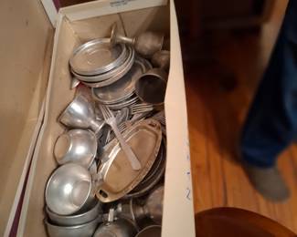 Assorted Miniature Metal Dollhouse Dishes, Cups, Saucers, Serving Trays & Flatware Collection