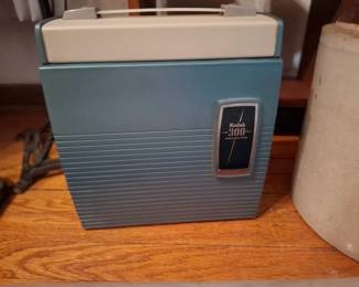 Kodak 300 Slide Projector with Blue-Gray Ribbed Carrying Case and Cream Top, Mid-Century Photography Equipment