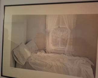 Framed Sepia-Tone Fine Art Photography Print of Sunlit Bedroom with Unmade Bed & Sheer Window Curtains, Contemporary Minimalist Wall Art