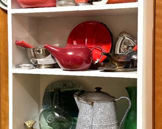 Eclectic Kitchenware & Decorative Collectibles Collection Featuring Red Enamel Cookware, Green Glass Bottles, Stoneware, Metal Pitchers, Serving Pieces & Wicker Baskets