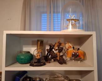 Assorted Decorative Collectibles, Green Glazed Pottery Jar, Carved Wooden Figurine, Miniature Horse Sculpture, Glass Dome Anniversary Clock & Souvenir Display Pieces