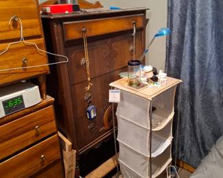 Traditional Dark Wood Highboy Chest of Drawers with Carved Decorative Drawer Fronts, Ornate Metal Pulls & Turned Legs