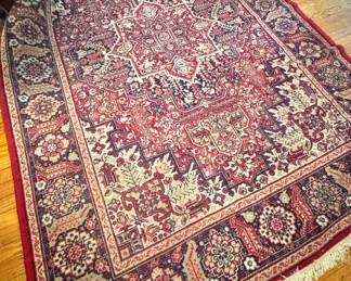 Traditional Persian Heriz-Style Oriental Area Rug with Burgundy Red Geometric Medallion, Ivory Floral Accents & Fringed Ends