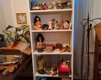 Tall White Open Bookcase Display Shelf with Japanese Dolls, Asian Figurines, Silverplate Serving Pieces, Pottery, Decorative Boxes & Assorted Collectibles