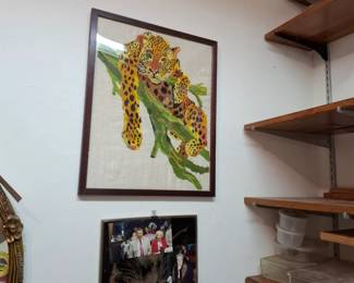 Framed Leopard Needlepoint Textile Wall Art, Cat Photography, Animal-Themed Artwork & Decorative Wall Hangings