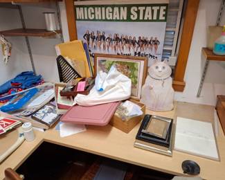 Michigan State University Gymnastics Team Poster, Framed Leopard Needlepoint Artwork, Decorative Ceramic Cat Figurine & Assorted Home Décor