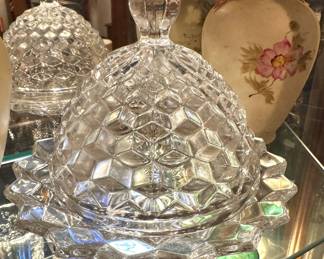 Clear Pressed Glass Diamond-Pattern Covered Candy Dish with Faceted Dome Lid, Starburst Scalloped Rim & Matching Knob