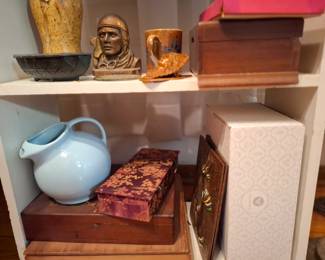 Assorted Decorative Collectibles, Charles Lindbergh Aviator Bust, Ceramic Pitcher, Pottery, Carved Wooden Boxes & Asian-Inspired Decorative Accessories