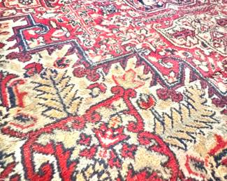 Traditional Persian Heriz-Style Oriental Area Rug with Burgundy Red Geometric Medallion, Ivory Floral Accents & Fringed Ends