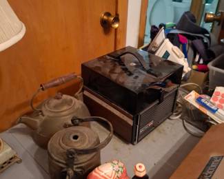 Assorted Estate Collectibles, Antique Cast Iron Kettles, Primitive Metalware, Vintage Film Projector, Decorative Ceramic Teapots, Pottery Figurines, Rustic Farmhouse Décor & Household Treasures