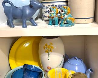Eclectic Ceramic Pottery & Stoneware Collection with Blue Pig Figurine, Turquoise Foo Dogs, Blue & White Crockery, Floral Vase, Enamelware Bowls & Colorful Pitchers
