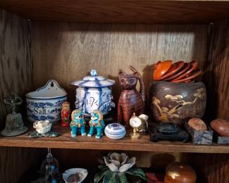 Asian Decorative Collectibles with Blue & White Porcelain Salt Box, Ceramic Foo Dogs, Lidded Ginger Jar, Carved Cat Figurine, Japanese Lacquerware Bowl, Miniature Clock & Assorted Curiosities