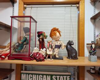 Collectible Cloth Dolls, International Folk Art Dolls, Decorative Cat Figurines & Glass Display Case