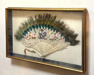Asian Hand-Painted Floral Folding Fan with Natural Peacock Feathers, Carved Pierced Ribs & Figural Scene in Giltwood Shadow Box Frame
