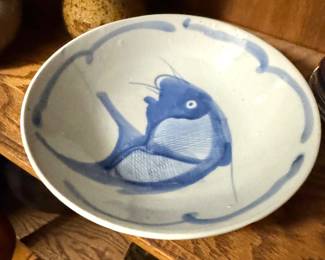 Asian Blue & White Glazed Ceramic Bowl with Hand-Painted Catfish Motif and Decorative Scroll Border