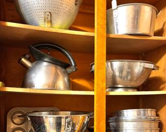 Stainless Steel & Aluminum Kitchen Cookware Collection with Metal Colanders, Whistling Tea Kettle, Stockpot, Stackable Steamers, Strainers & Baking Pans
