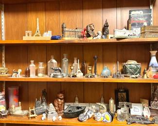 Assorted Architectural Landmark Miniatures, Travel Souvenirs, Animal Figurines, Decorative Glass Bottles, Metal Collectibles & International Memorabilia