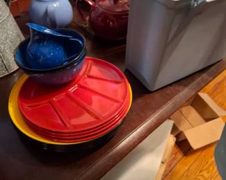 Assorted Colorful Ceramic Dinnerware, Red Divided Serving Plates, Blue Enamelware Pitcher & Bowls, Lidded Teapots, Kitchen Serving Accessories & Household Storage Containers