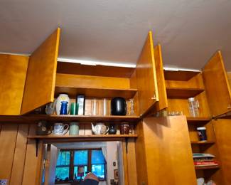 Natural Honey Oak Finish Built-In Kitchen Wall Cabinets with Open Display Shelving, Ceramic Teapots, Decorative Pottery, Glassware, Mugs & Kitchen Collectibles