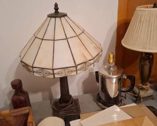 Art Deco Style Slag Glass Table Lamp with Cream Geometric Panel Shade, Bronze-Tone Metal Base & Decorative Finial
