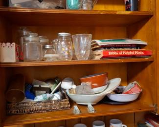 Assorted Kitchen Glassware, Mason Jars, Glass Pitchers, Drinking Glasses, Coffee Mugs, Ceramic Bowls, Serving Dishes, Wicker Basket, Cookbooks & Household Kitchen Accessories