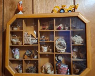 Wall-Mounted Wood Glass-Front Shadow Box Display Cabinet with Miniature Woven Basket Collection
