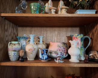 Decorative Floral Porcelain & Art Pottery Collection with Hand-Painted Vases, Gold-Handled Urns, Grape-Pattern Pitcher, Blue & White Miniature Ewer, Ceramic Figurines & Assorted Collectibles