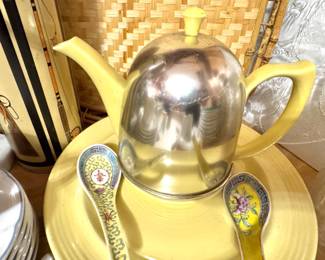 Yellow Ceramic Teapot with Stainless Steel Dome Cover, Matching Serving Platter & Asian Porcelain Soup Spoons