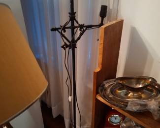 Gothic Revival Black Wrought Iron Floor Lamp with Ornate Scrollwork, Spear Finial & Multiple Light Sockets