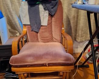 Solid Oak Upholstered Glider Rocking Chair with Matching Ottoman and Mauve Cushions