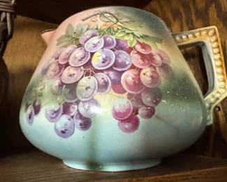 Hand-Painted Porcelain Grape Cluster Pitcher with Purple Grapes, Green Leaves, Pastel Gradient Glaze & Beaded Gold-Trimmed Handle