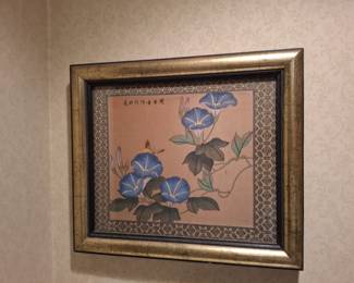 Asian Botanical Floral Wall Art Featuring Blue Morning Glory Flowers, Butterfly & Calligraphy, Decorative Patterned Matting & Ornate Gold-Tone Frame