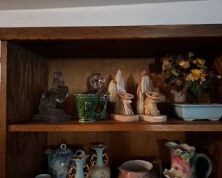 Decorative Collectibles & Art Pottery Collection with Carved Stone Figurines, Green Glazed Commemorative Mug, Stone Candleholders, Decorative Bonsai Tree & Floral Porcelain Vases