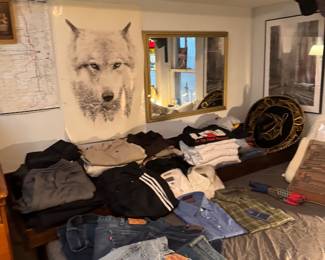 Men’s Levi’s Jeans, Dress Shirts, Casual Pants, Sweaters, Sweatshirts and Clothing Collection with Framed Wall Art, Wolf Tapestry and Decorative Wall Mirror