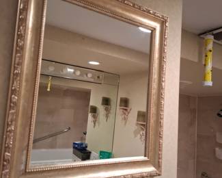 Ornate Rectangular Wall Mirror with Champagne Gold-Tone Finish, Decorative Floral Relief Frame & Beaded Inner Border