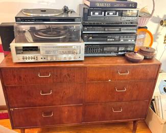 Studio Standard by Fisher MT-867 Turntable & Four-Component Stereo System with Centrex Cassette AM/FM Receiver on Six-Drawer Wood Dresser with Brass Pulls