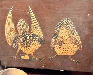 Asian-Style Wooden Decorative Box with Gold and Black Pheasant Bird Motif, Nest and Eggs