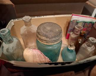 Assorted Early American Aqua Blue & Clear Embossed Glass Bottles, Mason Jar with Zinc Lid, Apothecary Bottles & Seashell Collection
