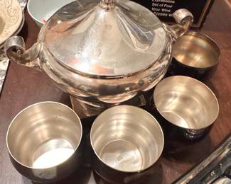 Silverplate Footed Covered Serving Bowl with Ornate Scroll Handles and Finial Lid, Accompanied by Four Silverplate Drinking Cups