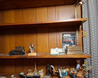 Assorted Collectible Miniature Souvenir Buildings, Egyptian Pharaoh Bust, Classic Model Automobile, Eiffel Tower Figurine, Horse Sculptures, Decorative Pottery & Architectural Landmark Memorabili