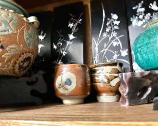 Asian Decorative Pottery Collection with Japanese Satsuma-Style Ceramics, Glazed Stoneware Vessels & Black Lacquer Mother-of-Pearl Floral Panels