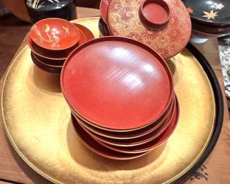 Japanese Red Lacquerware Dinnerware Collection with Gold Floral Chinoiserie Designs, Stacked Serving Bowls, Small Dishes, Decorative Covered Bowl & Gold-Tone Serving Tray