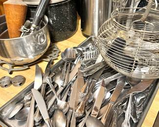 Assorted Silverplate Flatware Collection with Ornate Floral Patterns, Stainless Steel Kitchen Utensils, Wire Fryer Baskets, Mesh Strainers, Stockpots & Cooking Accessories